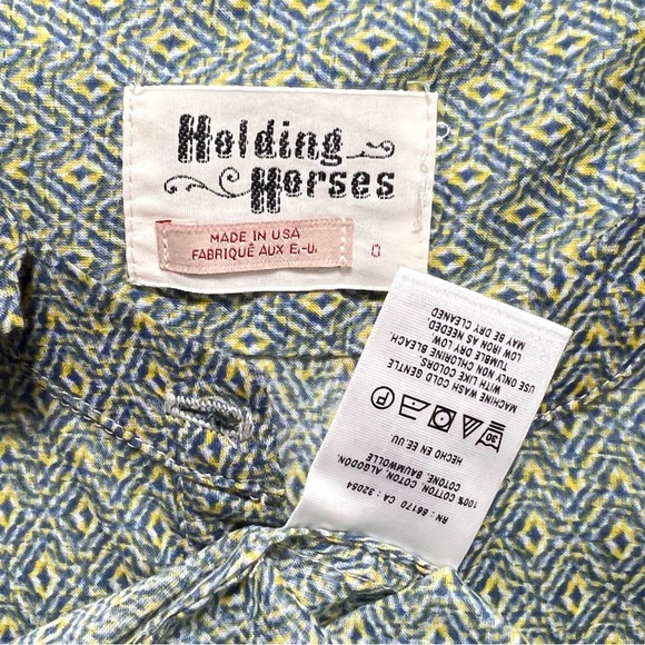 Anthropopogie Blue & Yellow Ikat Geometric Diamond Printed Roll Tab Sleeve Tunic - Picture 11 of 12